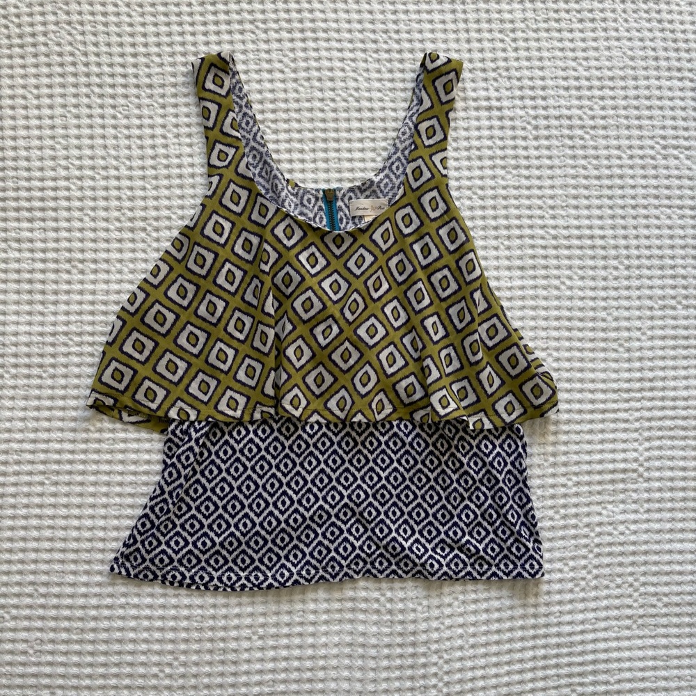 Meadow Rue Anthropologie Throughway Layered Tank Top Green and Blue Geometric XS